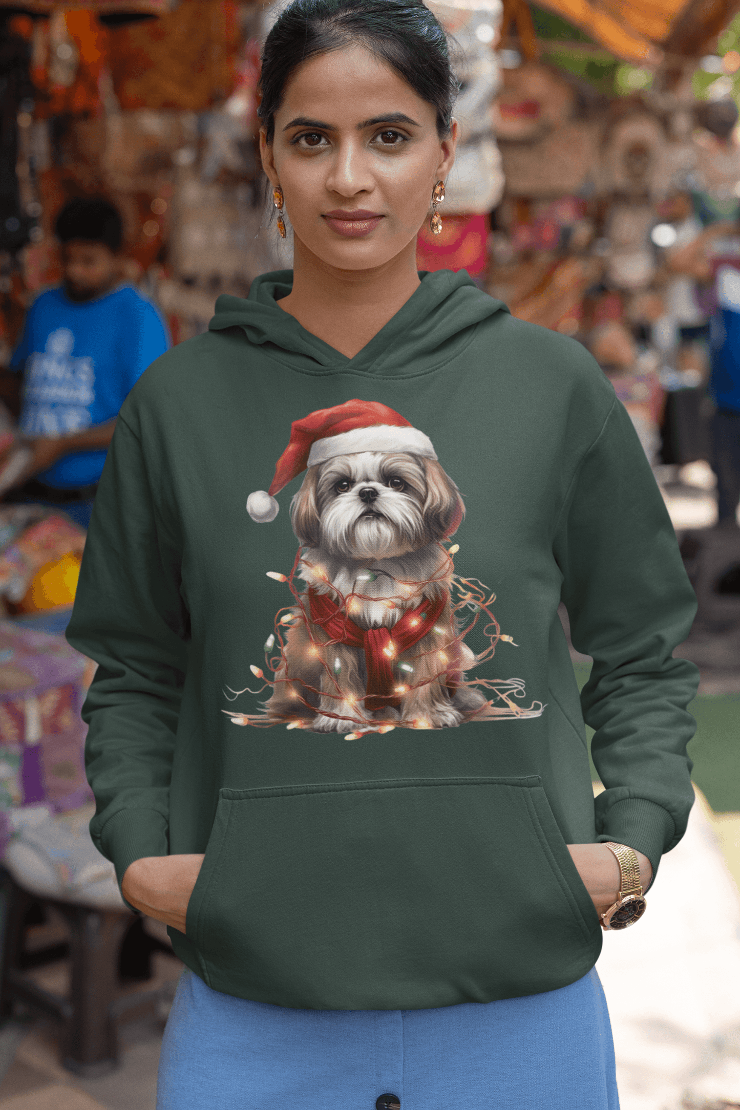 Shih Tzu Wearing a Christmas Hat and Wrapped in Lights Hooded Sweatshirt - Shih Tzu Gifts