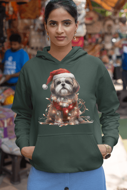 Shih Tzu Wearing a Christmas Hat and Wrapped in Lights Hooded Sweatshirt - Shih Tzu Gifts