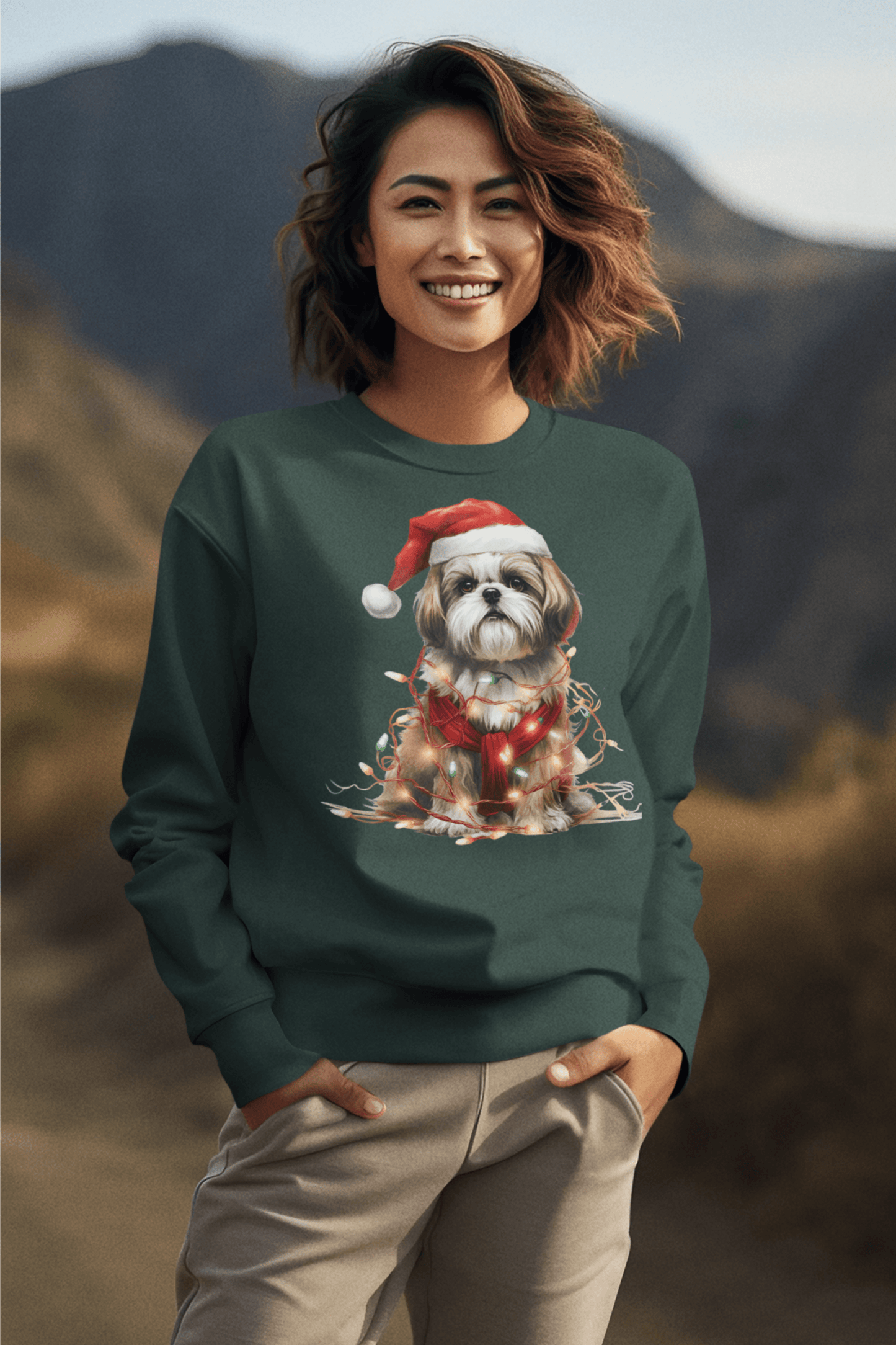 Shih Tzu Wearing a Christmas Hat and Wrapped in Lights Sweatshirt - Shih Tzu Gifts