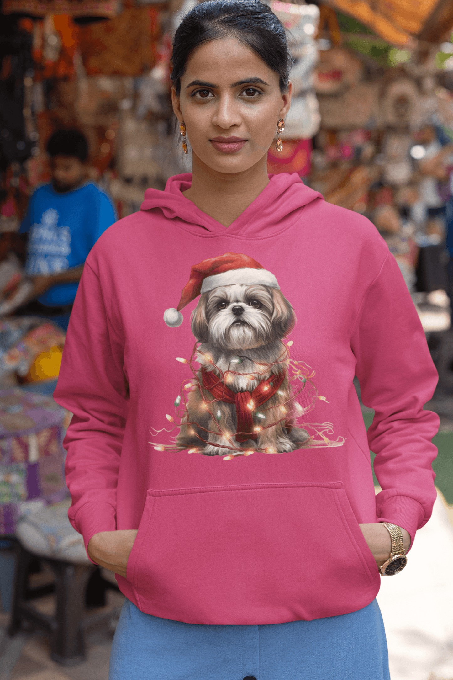 Shih Tzu Wearing a Christmas Hat and Wrapped in Lights Hooded Sweatshirt - Shih Tzu Gifts