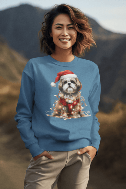 Shih Tzu Wearing a Christmas Hat and Wrapped in Lights Sweatshirt - Shih Tzu Gifts