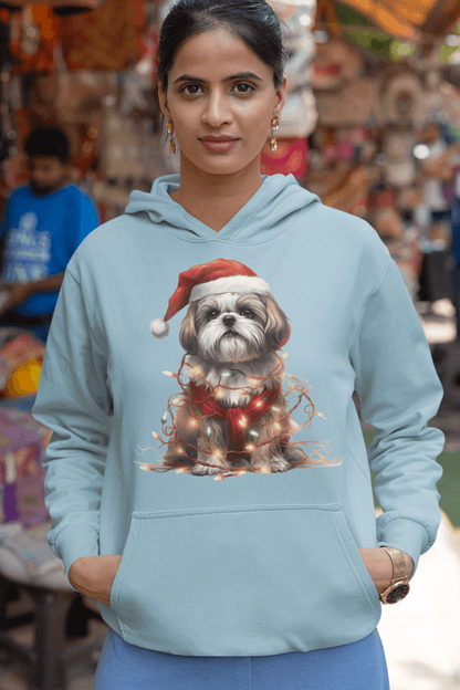 Shih Tzu Wearing a Christmas Hat and Wrapped in Lights Hooded Sweatshirt - Shih Tzu Gifts