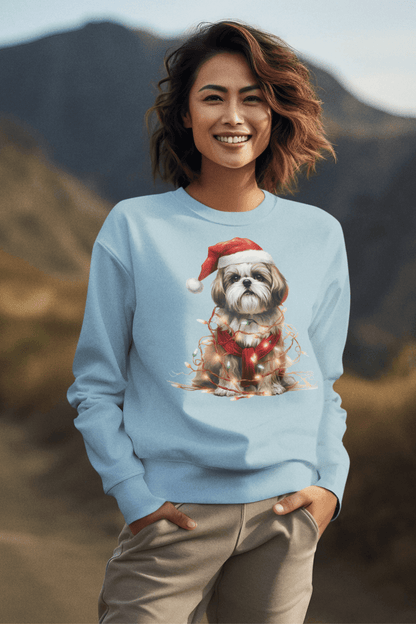 Shih Tzu Wearing a Christmas Hat and Wrapped in Lights Sweatshirt - Shih Tzu Gifts