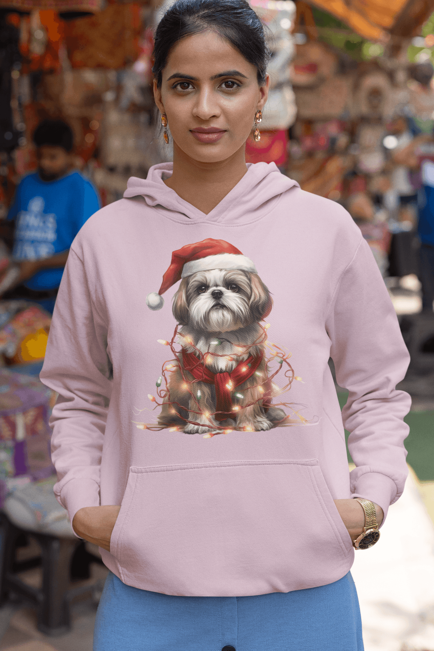 Shih Tzu Wearing a Christmas Hat and Wrapped in Lights Hooded Sweatshirt - Shih Tzu Gifts