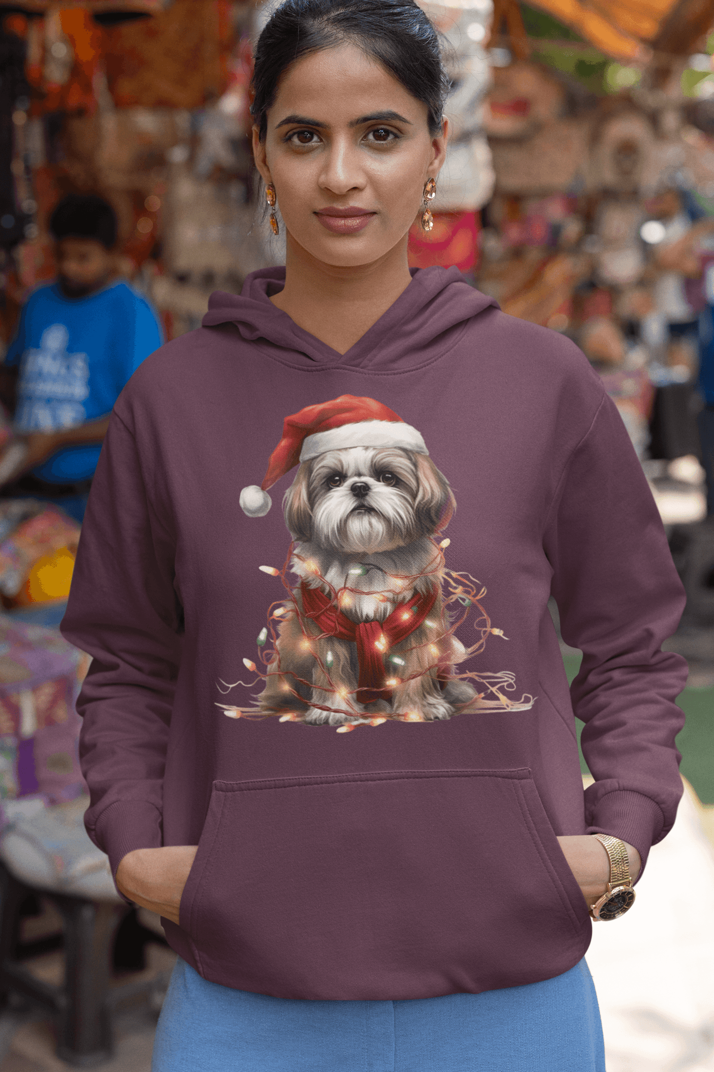 Shih Tzu Wearing a Christmas Hat and Wrapped in Lights Hooded Sweatshirt - Shih Tzu Gifts