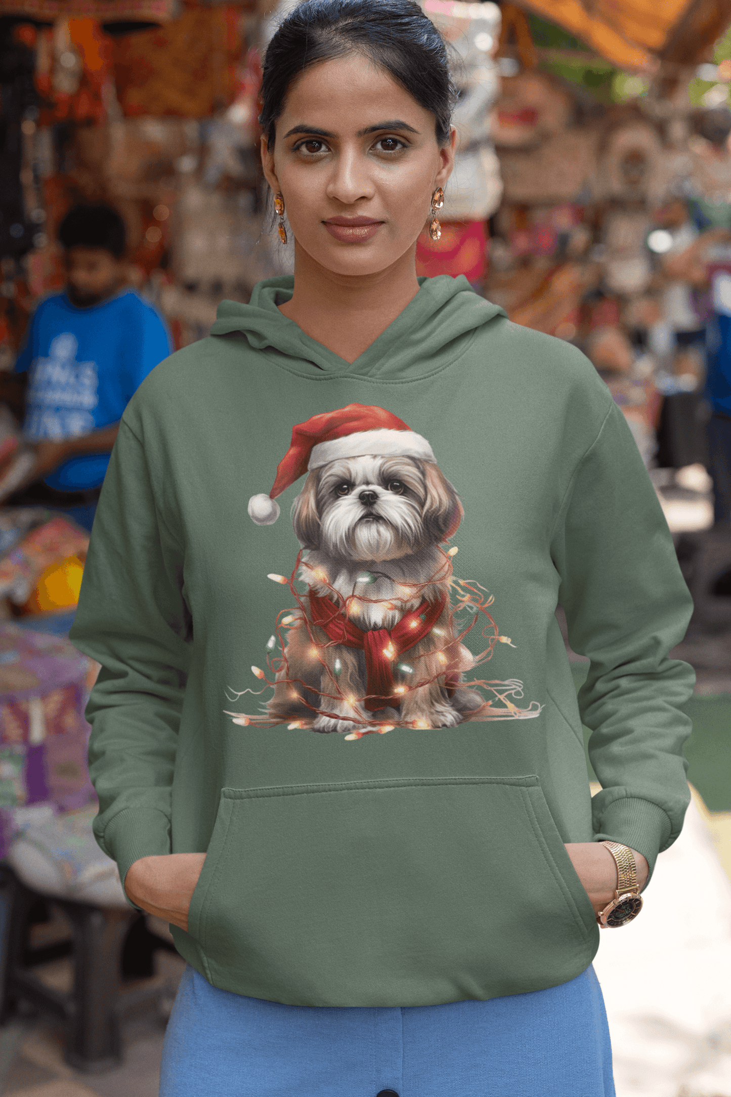 Shih Tzu Wearing a Christmas Hat and Wrapped in Lights Hooded Sweatshirt - Shih Tzu Gifts