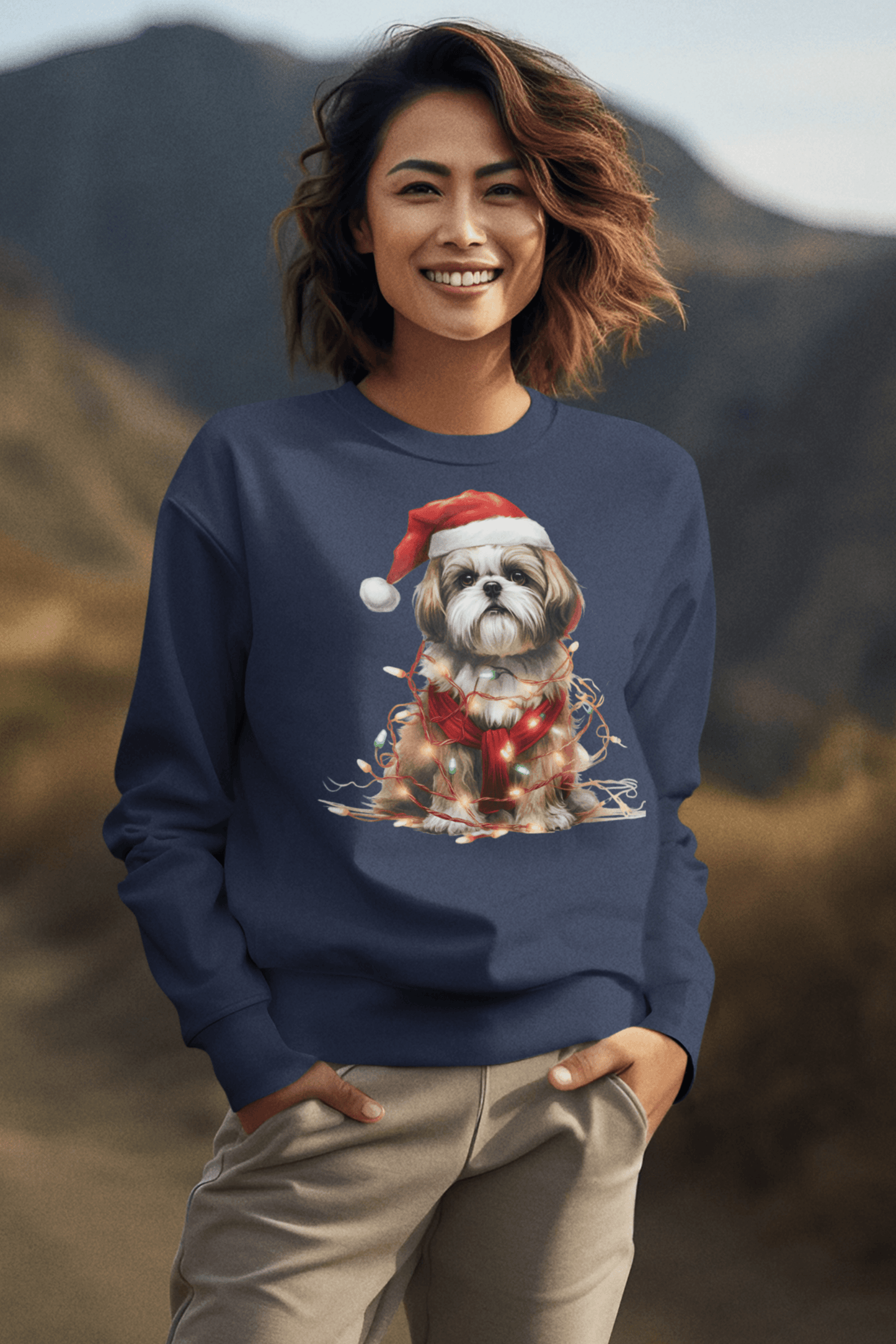 Shih Tzu Wearing a Christmas Hat and Wrapped in Lights Sweatshirt - Shih Tzu Gifts