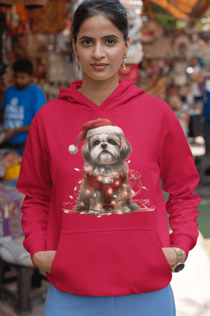 Shih Tzu Wearing a Christmas Hat and Wrapped in Lights Hooded Sweatshirt - Shih Tzu Gifts