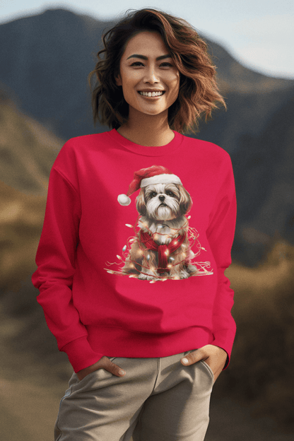 Shih Tzu Wearing a Christmas Hat and Wrapped in Lights Sweatshirt - Shih Tzu Gifts