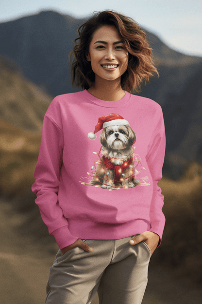 Shih Tzu Wearing a Christmas Hat and Wrapped in Lights Sweatshirt - Shih Tzu Gifts