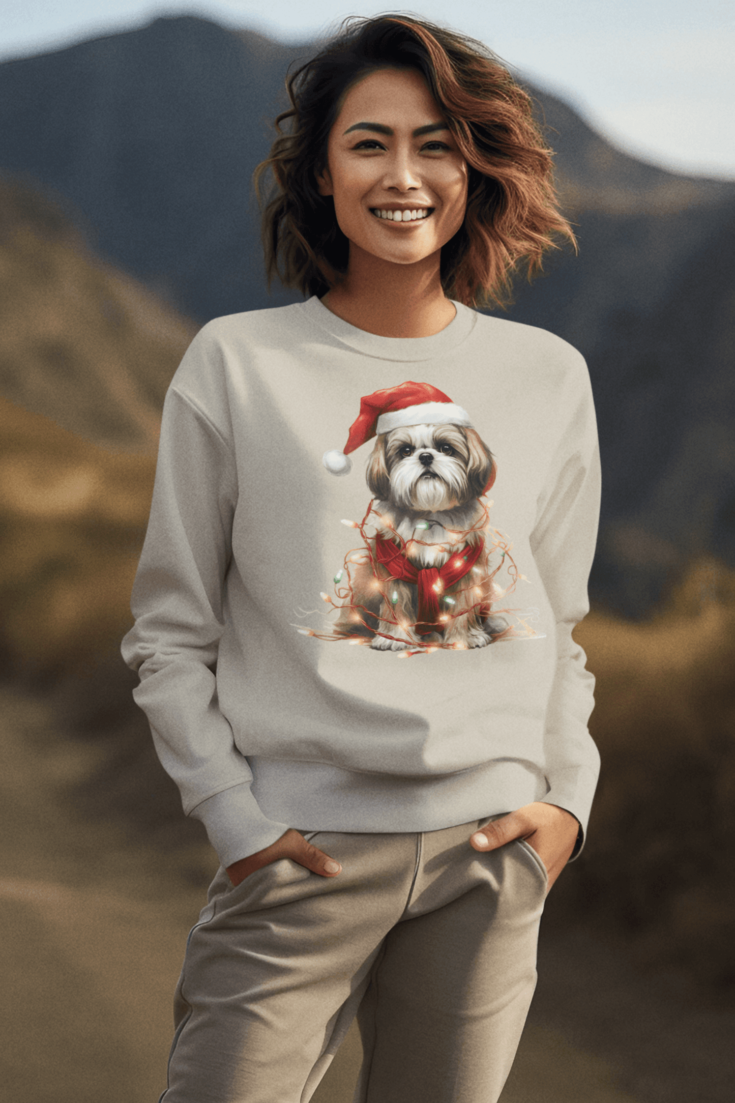 Shih Tzu Wearing a Christmas Hat and Wrapped in Lights Sweatshirt - Shih Tzu Gifts