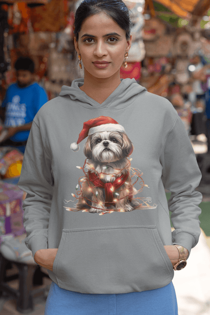 Shih Tzu Wearing a Christmas Hat and Wrapped in Lights Hooded Sweatshirt - Shih Tzu Gifts