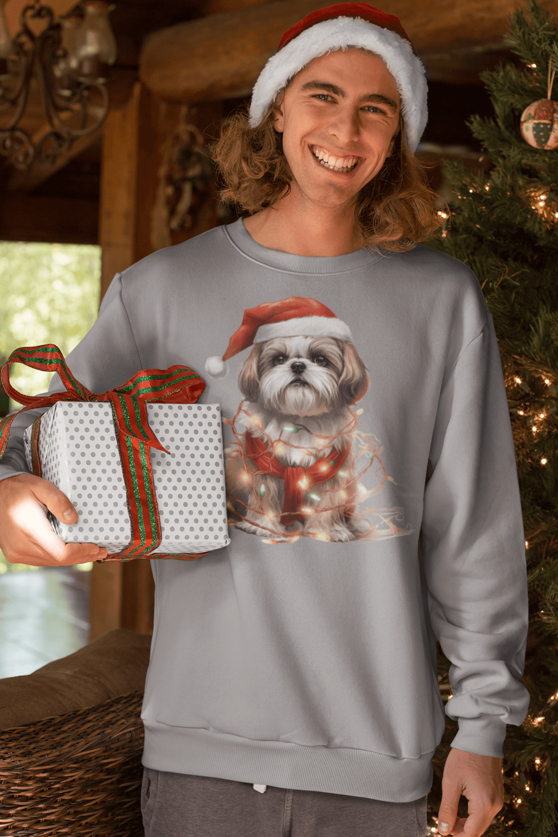 Shih Tzu Wearing a Christmas Hat and Wrapped in Lights Sweatshirt - Shih Tzu Gifts