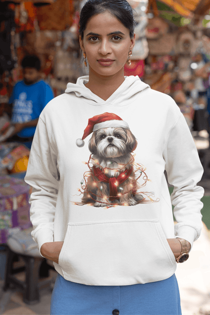 Shih Tzu Wearing a Christmas Hat and Wrapped in Lights Hooded Sweatshirt - Shih Tzu Gifts