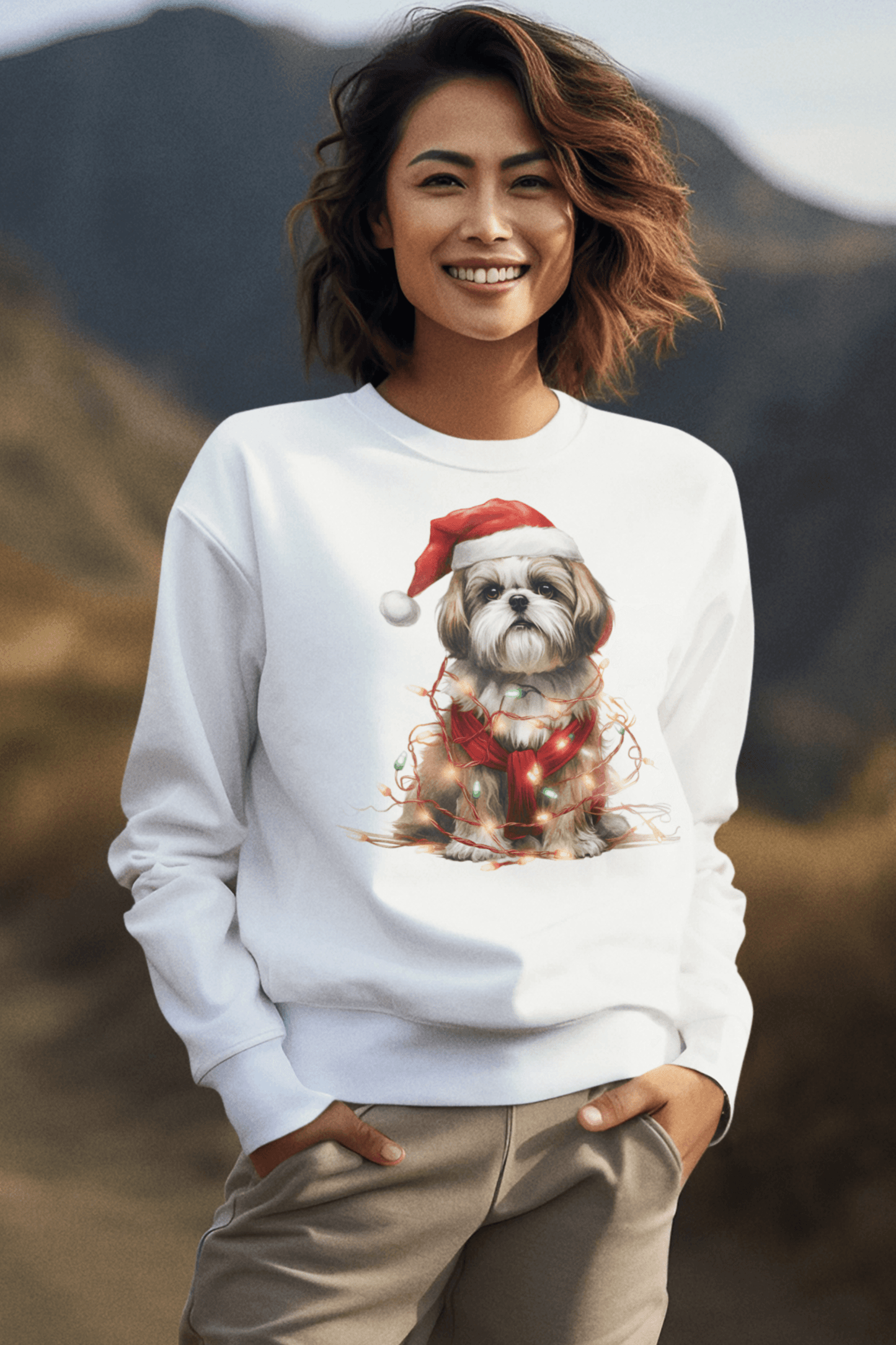 Shih Tzu Wearing a Christmas Hat and Wrapped in Lights Sweatshirt - Shih Tzu Gifts