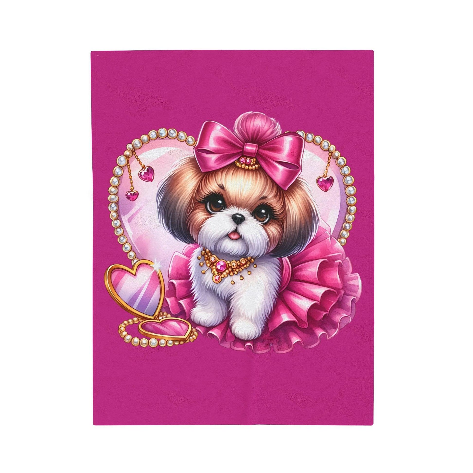 Pink Bow Shih Tzu Velveteen Plush Blanket - Shih Tzu Gifts