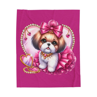 Pink Bow Shih Tzu Velveteen Plush Blanket - Shih Tzu Gifts