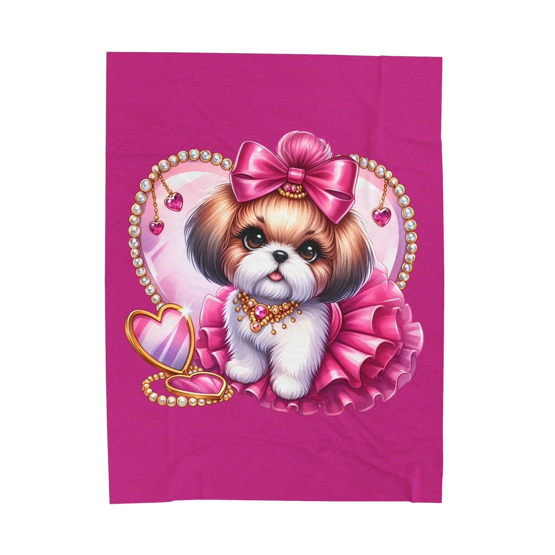 Pink Bow Shih Tzu Velveteen Plush Blanket - Shih Tzu Gifts