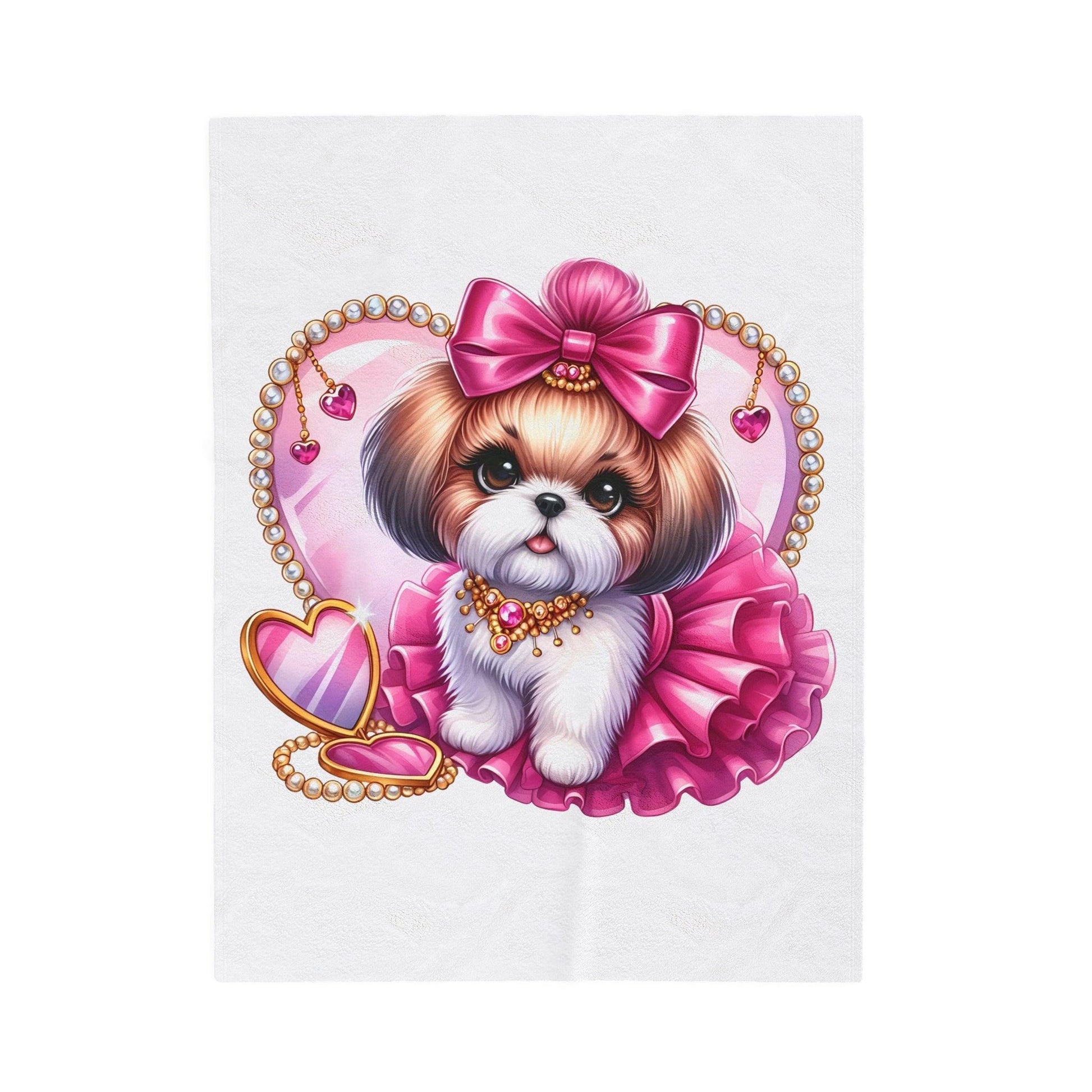 Pink Bow Shih Tzu Velveteen Plush Blanket - Shih Tzu Gifts