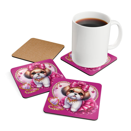 Pink Bow Shih Tzu Corkwood Coaster Set