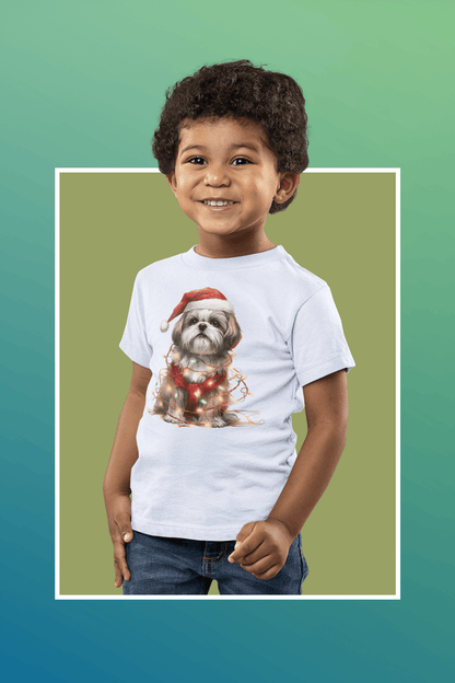 Shih Tzu Wearing a Christmas Hat and Wrapped in Lights Youth Short Sleeve Tee - Shih Tzu Gifts