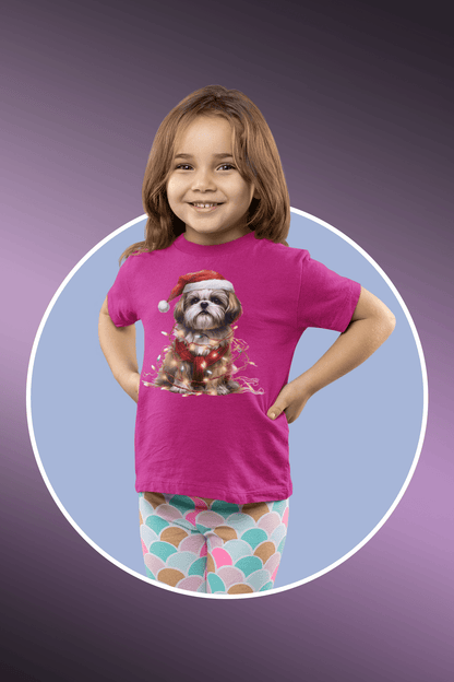 Shih Tzu Wearing a Christmas Hat and Wrapped in Lights Youth Short Sleeve Tee - Shih Tzu Gifts