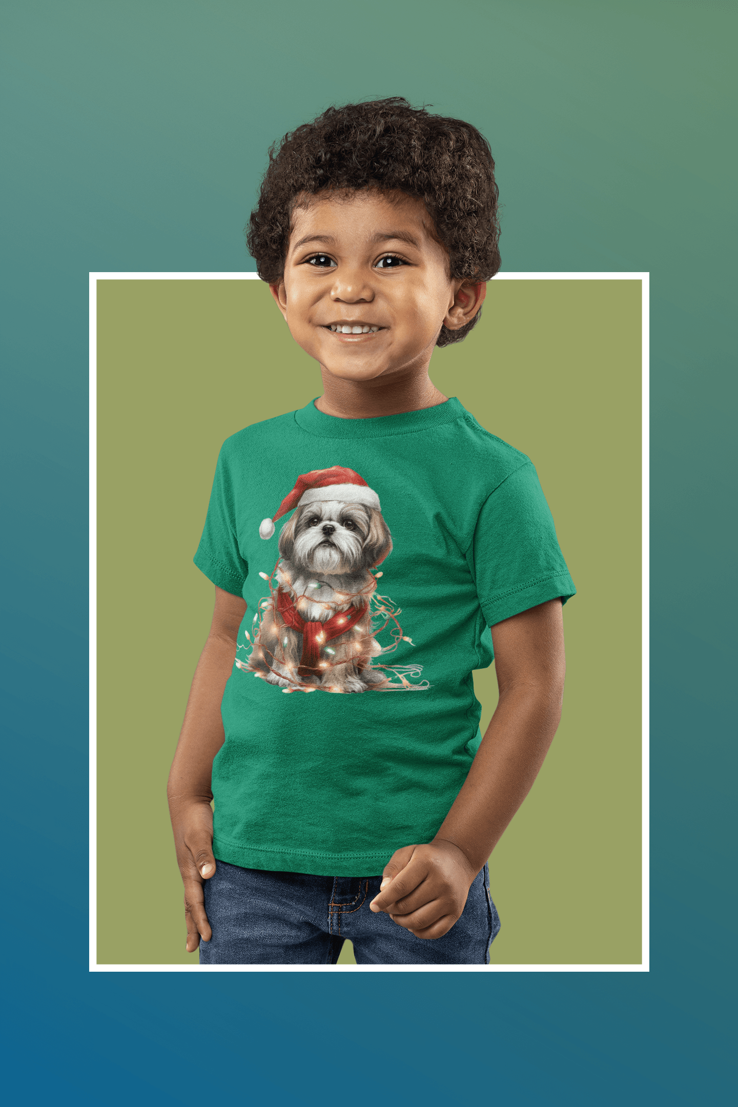 Shih Tzu Wearing a Christmas Hat and Wrapped in Lights Youth Short Sleeve Tee - Shih Tzu Gifts