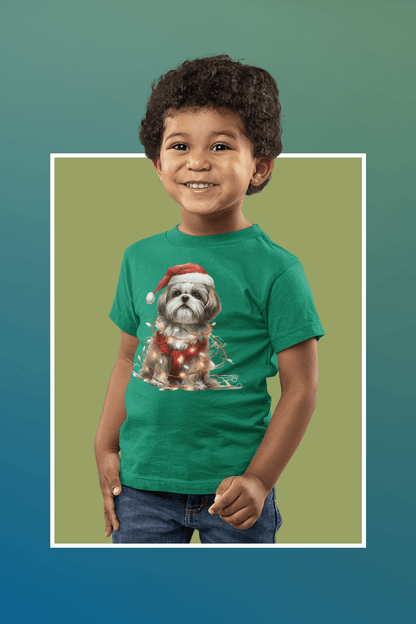 Shih Tzu Wearing a Christmas Hat and Wrapped in Lights Youth Short Sleeve Tee - Shih Tzu Gifts