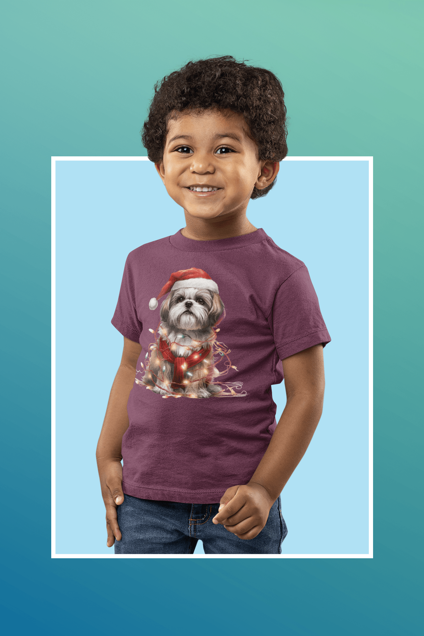 Shih Tzu Wearing a Christmas Hat and Wrapped in Lights Youth Short Sleeve Tee - Shih Tzu Gifts