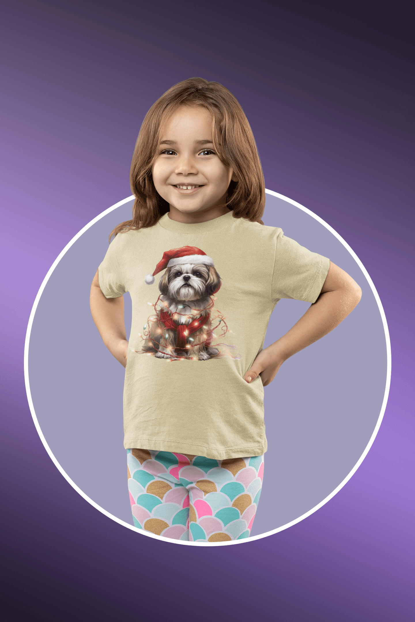 Shih Tzu Wearing a Christmas Hat and Wrapped in Lights Youth Short Sleeve Tee - Shih Tzu Gifts