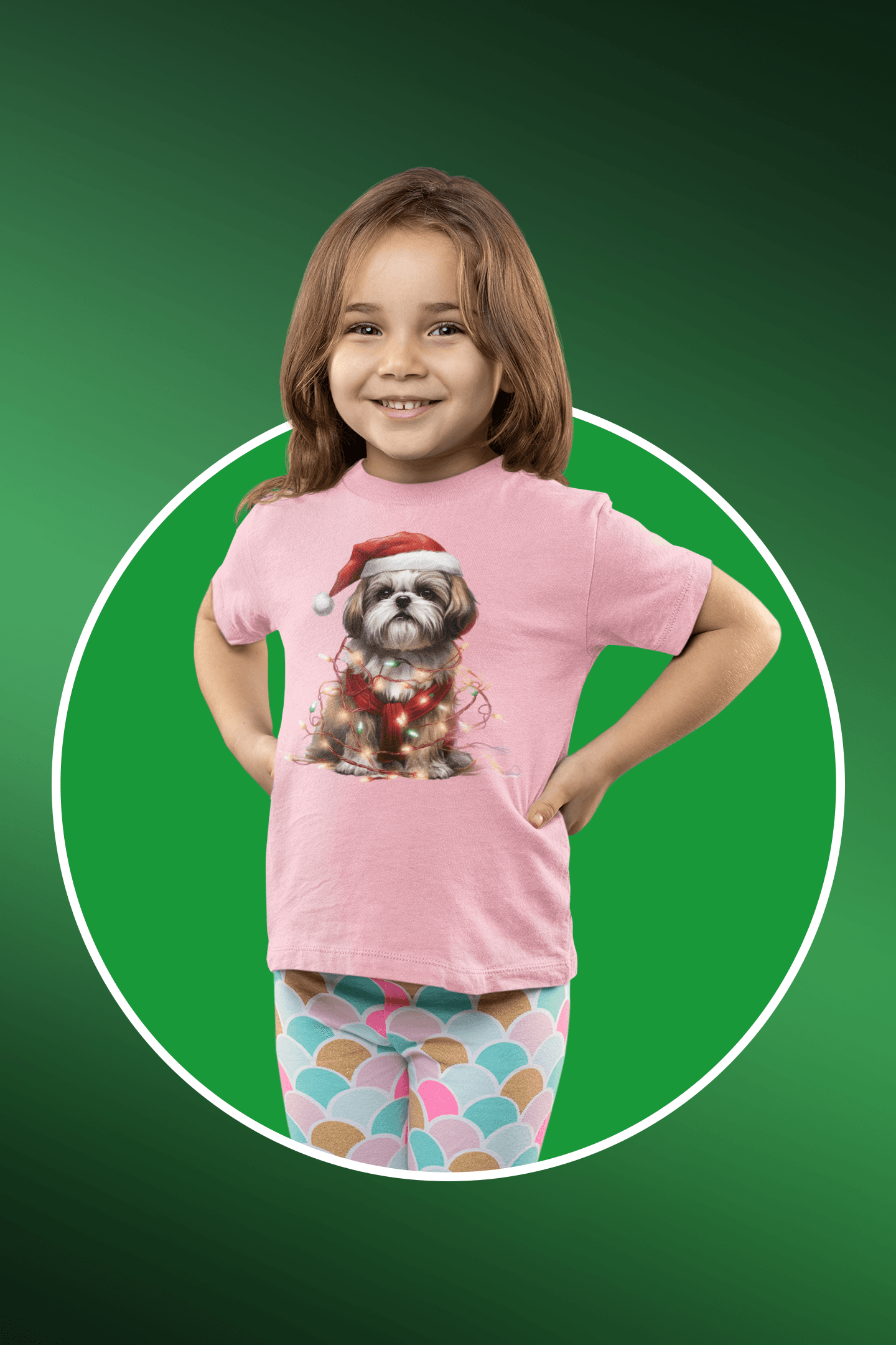 Shih Tzu Wearing a Christmas Hat and Wrapped in Lights Youth Short Sleeve Tee - Shih Tzu Gifts