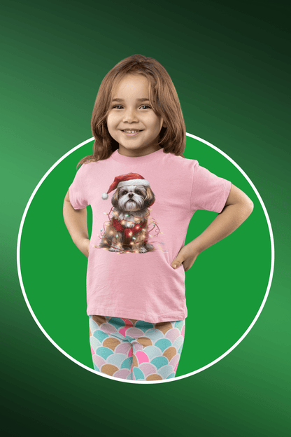 Shih Tzu Wearing a Christmas Hat and Wrapped in Lights Youth Short Sleeve Tee - Shih Tzu Gifts