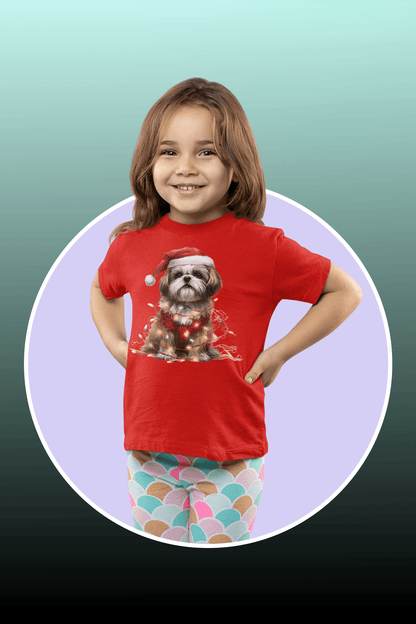 Shih Tzu Wearing a Christmas Hat and Wrapped in Lights Youth Short Sleeve Tee - Shih Tzu Gifts