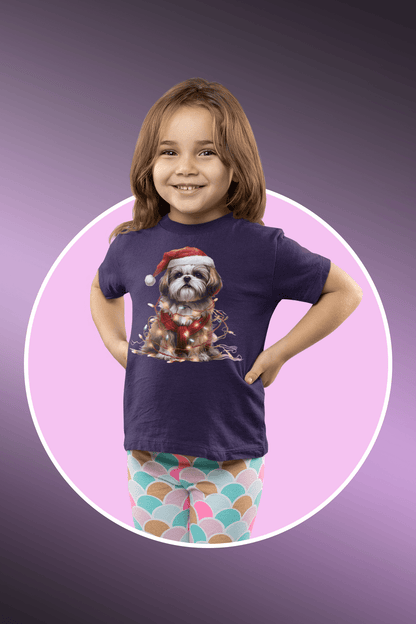 Shih Tzu Wearing a Christmas Hat and Wrapped in Lights Youth Short Sleeve Tee - Shih Tzu Gifts