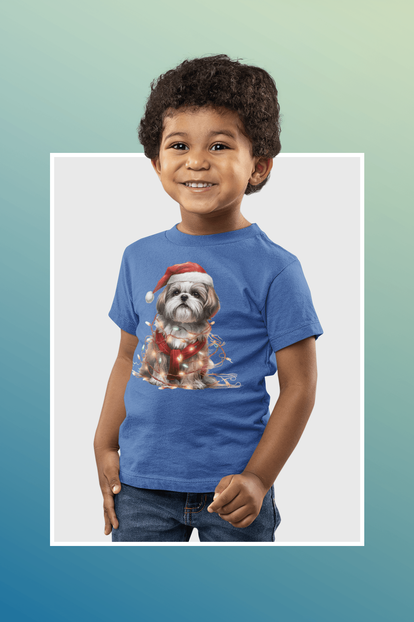 Shih Tzu Wearing a Christmas Hat and Wrapped in Lights Youth Short Sleeve Tee - Shih Tzu Gifts