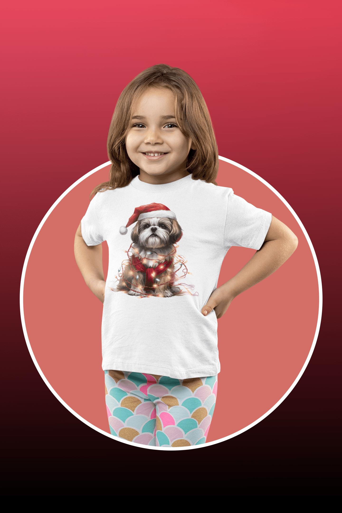 Shih Tzu Wearing a Christmas Hat and Wrapped in Lights Youth Short Sleeve Tee - Shih Tzu Gifts