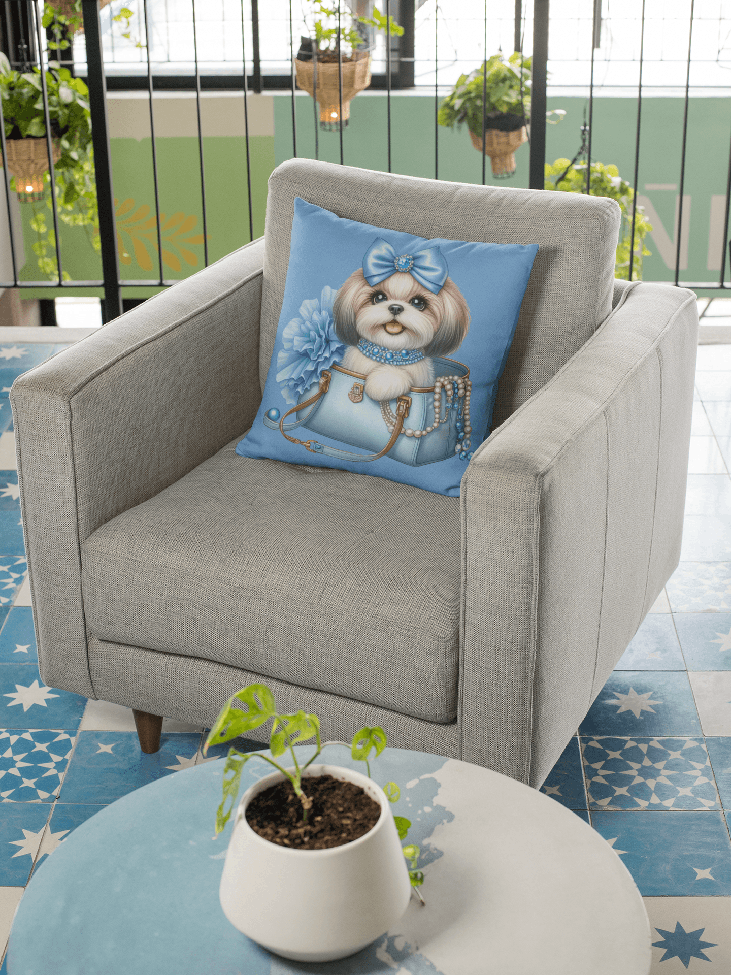 Blue Bow Shih Tzu Pillow - Shih Tzu Gifts