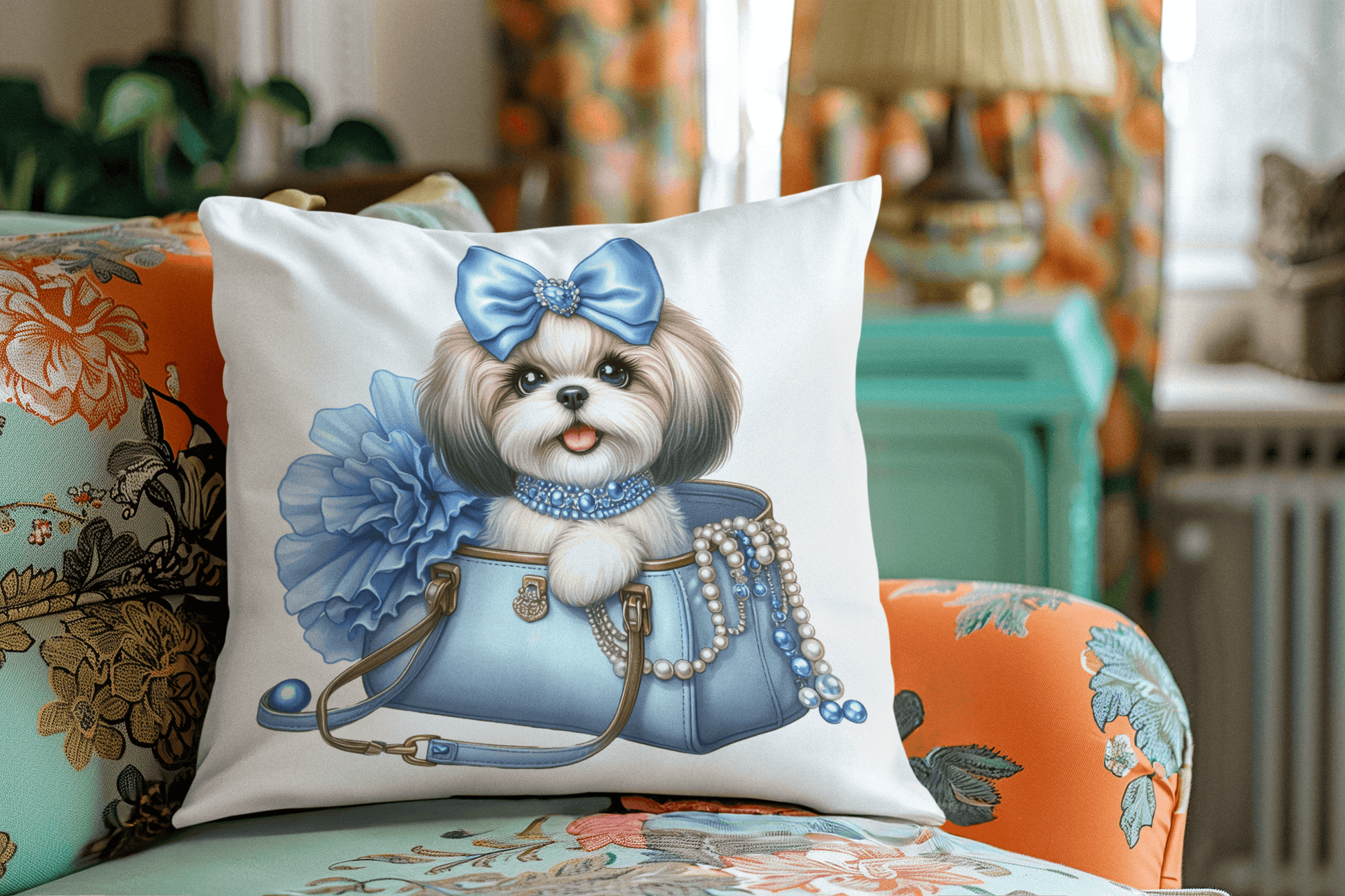 Blue Bow Shih Tzu Pillow - Shih Tzu Gifts