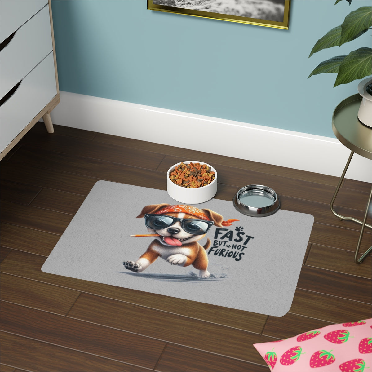 Funny "Fast But Not Furious" Pet Food Mat – 12x18 Non-Slip Mat