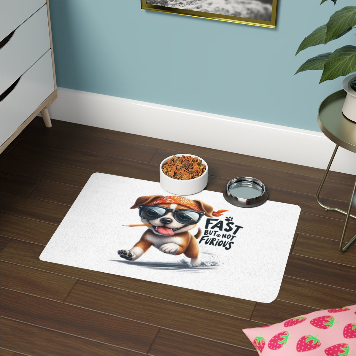 Funny "Fast But Not Furious" Pet Food Mat – 12x18 Non-Slip Mat
