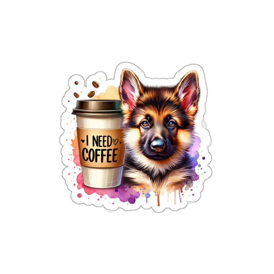 German Shepherd with Coffee Sticker – Gift for Dog and Coffee Lovers