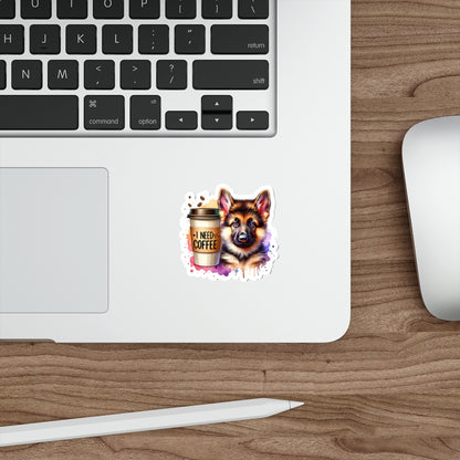 German Shepherd with Coffee Sticker – Gift for Dog and Coffee Lovers