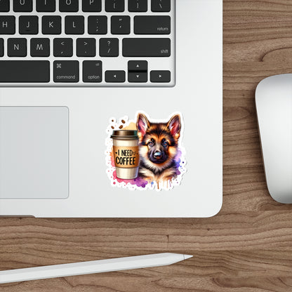 German Shepherd with Coffee Sticker – Gift for Dog and Coffee Lovers