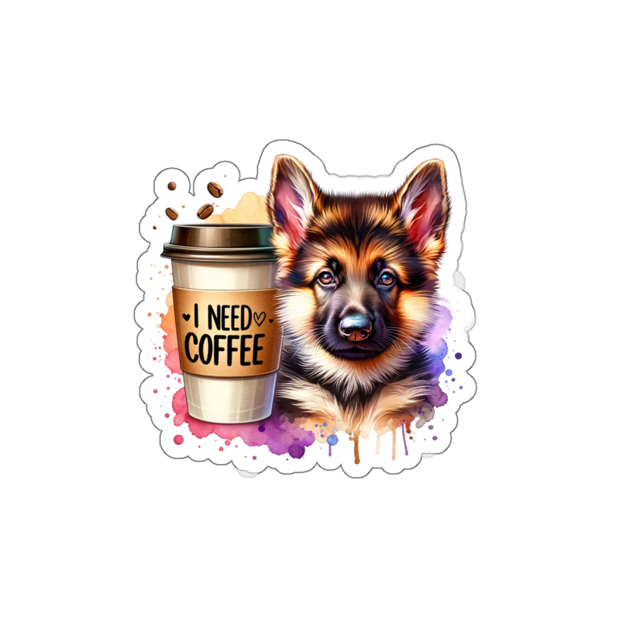 German Shepherd with Coffee Sticker – Gift for Dog and Coffee Lovers
