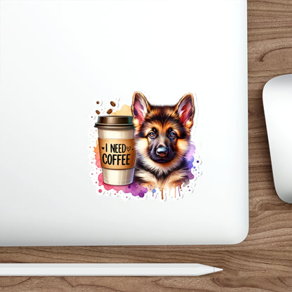 German Shepherd with Coffee Sticker – Gift for Dog and Coffee Lovers