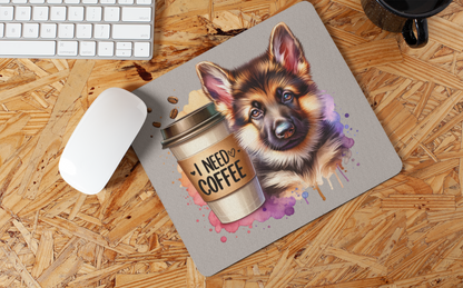 German Shepherd with Coffee Mouse Pad – Gift for Dog & Coffee Lovers