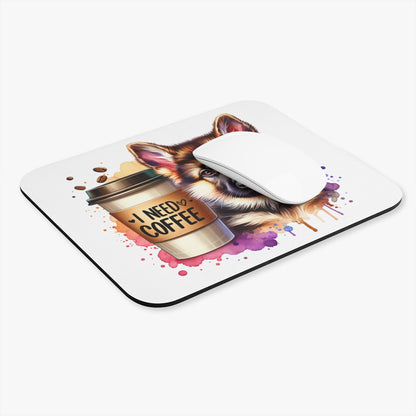 German Shepherd with Coffee Mouse Pad – Gift for Dog & Coffee Lovers
