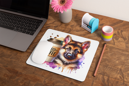 German Shepherd with Coffee Mouse Pad – Gift for Dog & Coffee Lovers