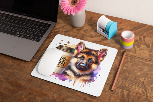 German Shepherd with Coffee Mouse Pad – Gift for Dog & Coffee Lovers