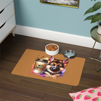 German Shepherd with Coffee Pet Food Mat – Cute & Non-Slip Design
